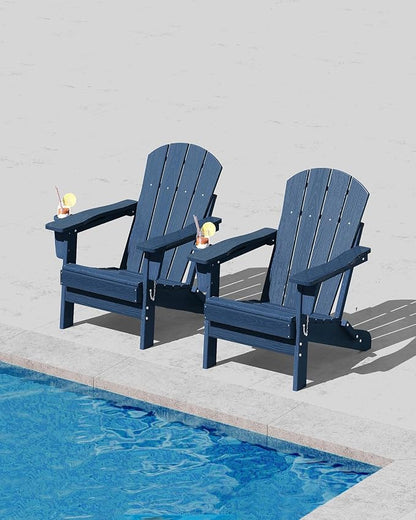 Garvee Folding Adirondack Chair Set of 2, HDPE Outdoor Patio Chair with Cup Holder, All Weather Resistent Wooden Textured for patios, Decks, Gardens, fire Pit, Navy Blue