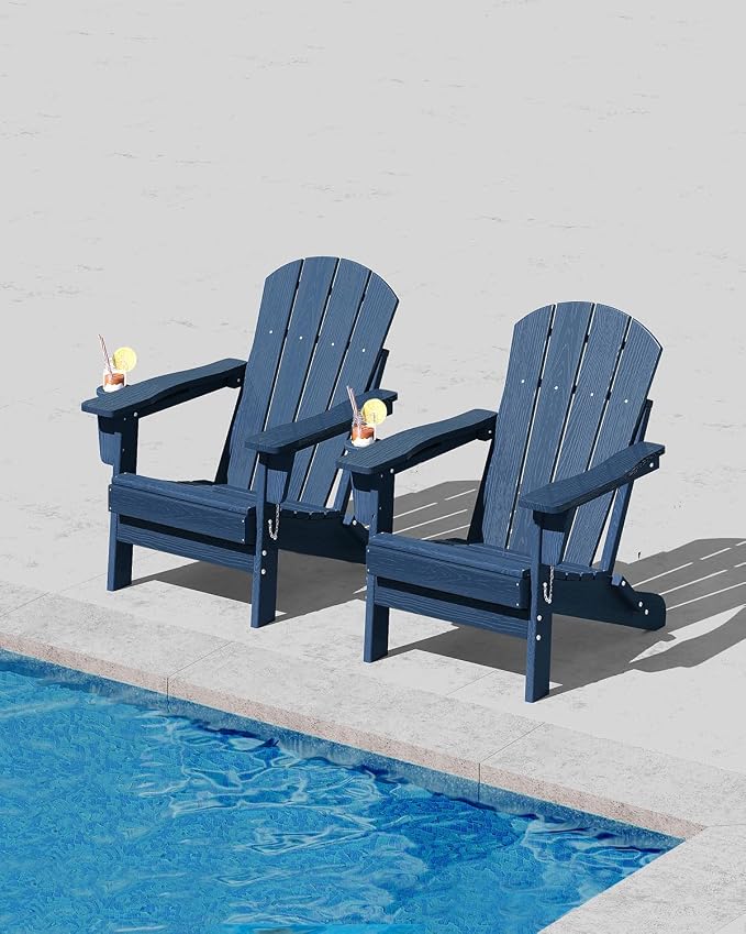 Garvee Folding Adirondack Chair, HDPE Outdoor Patio Chair with Cup Holder, All Weather Resistent Wooden Textured for patios, Decks, Gardens, fire Pit, Navy Blue