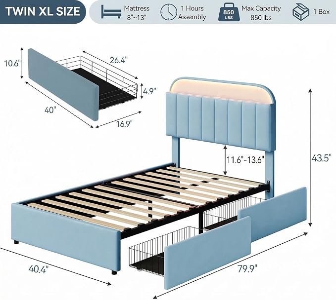Garvee Twin XL Size Bed Frame with 2 Flexible Drawers, Upholstered Platform Bed Frame with Bookcase Headboard and LED Lights, Kids Bed for Boys, Easy Assembly, Noise Free, Blue