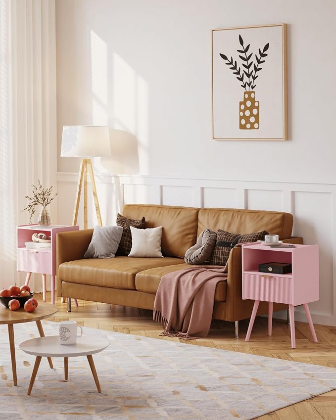JOONEE Nightstand,Modern Bedside Table with Storage Drawer and Open Wood Shelf, for Living Room, Bedroom and Small Spaces, Accent Night Stand with Solid Wood Legs, Easy Assembly,Classic Pink