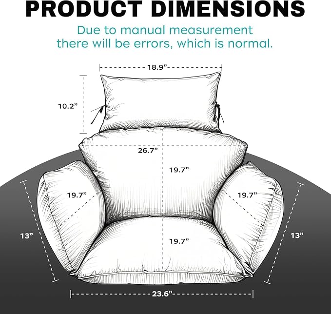 Egg Chair Cushion Replacement, Waterproof Thicken Hanging Egg Swing Chair Cushion for Outdoor Furniture, Wicker Rattan Hammock Basket Cushion with Headrest Pillow 47x31.5x4.7 inch(Black)