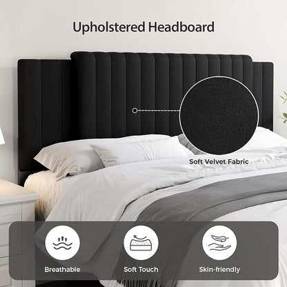 Upholstered Tufted Velvet Headboard, 3 in 1 Headboard for Full/Queen/King Size Bed, Height & Width Adjustable Head Board, Attach Frame, Study & Comfortable, Ideal for Bedroom, Dorm, Guest Room, Black