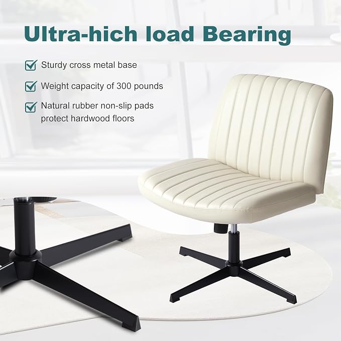 OLIXIS Criss Cross Legged Chairs Armless No Wheels Wide Seat Height Adjustable Swivel Padded PU Leather Home Office Desk Chair for Bedroom, Student, Study Room,Beige
