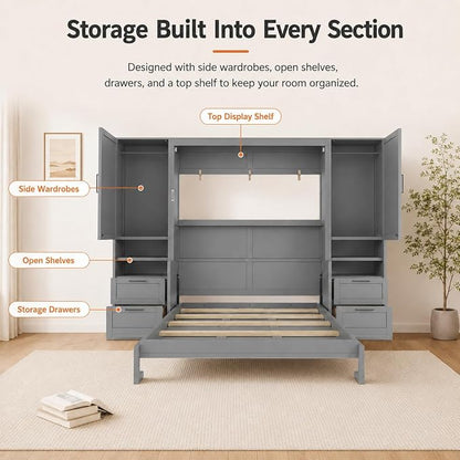 Queen Murphy Bed with Desk, Wall Bed Cabinet with Storage Shelves, Enclosed Cabinets and Hidden Foldout Workstation, Folding Cabinet Bed, Space Saving Bed for Guest Room, Home Office (Gray)