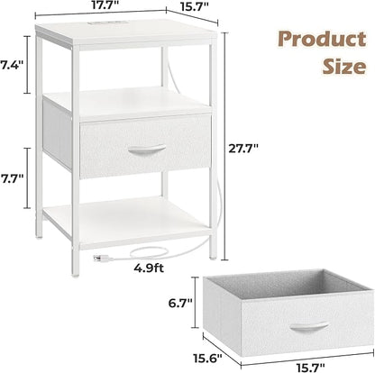 SUPERJARE Nightstand with Charging Station, White Night Stand with Adjustable Drawers, 17.7 Inches Wider Side Table for Bedroom, 3-Tier Storage End Table with Open Shelf, PU Leather Surface