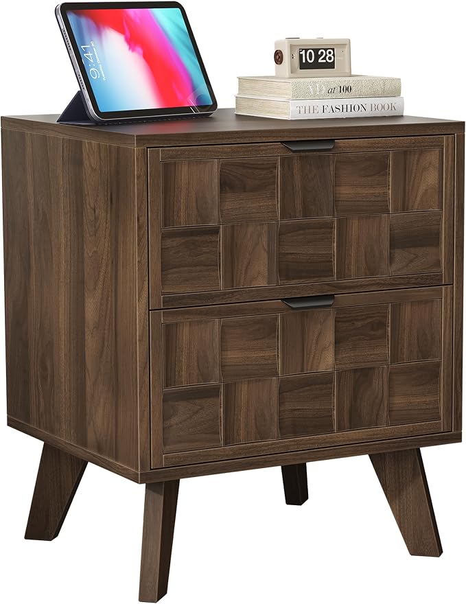 Smuxee Walnut Wooden Nightstand with 2 Drawers, Mid Century Night Stand with Embossed Checkerboard Doors, Bedside Table with Solid Feet, Modern End Side Table for Bedroom
