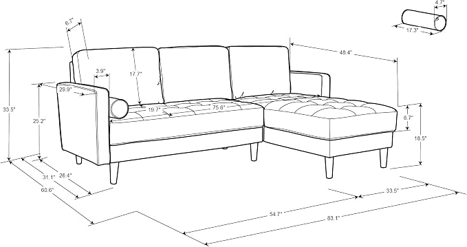 Studio Living® Lexington 83.1" Sofa Chaise, Mid-Century Modern, Pocket Coil Comfort, Reversable Chaise, Easy Assembly, Woven Fabric, Heather Grey