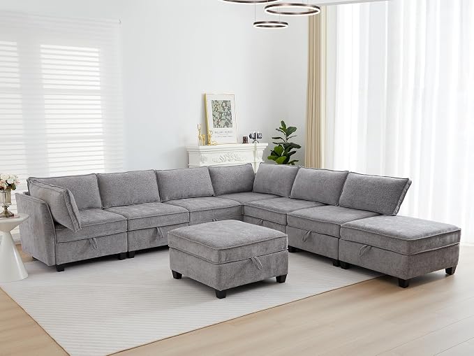 ORRD Oversize Corner Modular Sectional Sofa Set, Convertible L Shaped Couch with Storage, 8 Seater Sofa Modular with Ottomans and Reversible Chaise for Living Room, Office (Grey)