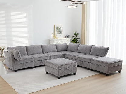 ORRD Oversize Corner Modular Sectional Sofa Set, Convertible L Shaped Couch with Storage, 8 Seater Sofa Modular with Ottomans and Reversible Chaise for Living Room, Office (Grey)