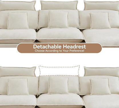 103'' Cloud Modern 3 Seater Couch with Detachable Headrest, Modular Sectional Sofa with Ottoman, Oversized L Shape Chenille Comfy Sofa with Armrests for Living Room, Beige