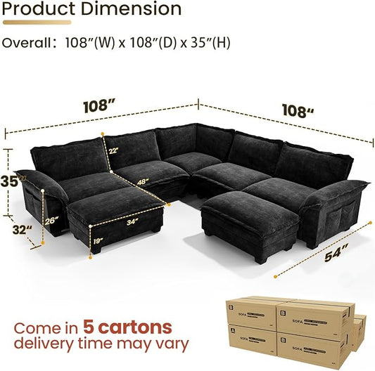 KKL Modular Sectional Sofa, Large V Shape 7 Seater Modern Sectional Couch with Ottoman, Couches for Living Room, Cloud Couches Chenille for Apartment, Home, Black