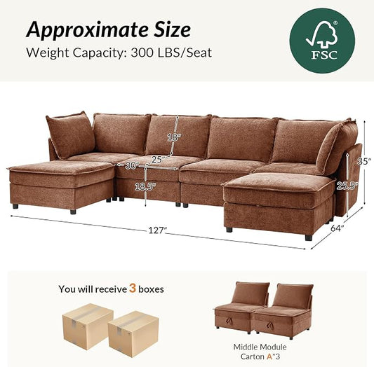 HULALA HOME 127'' Modular Sectional Sofa, Oversized U Shaped Couch with Storage Ottoman, Comfy Chenille Sofa with Deep Seat, 6 Seat Convertible Couches for Living Room, Burnt Orange