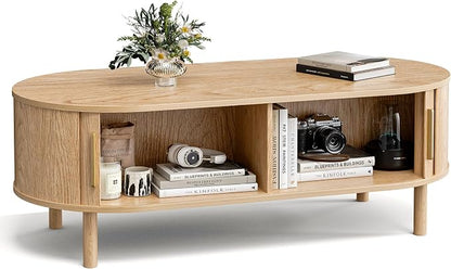 ZttRiee Oval Coffee Table with Sliding Doors, Modern, Natural | 47.24"L x 21.65"W x 16.14"H, 200 lbs capacity, 2 front & back storage areas, ~60 min assembly