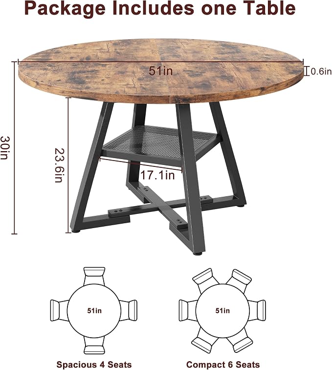 Jocoevol 51'' Round Dining Table for 6,Kitchen Dining Room Circle Dinner Pedestal Table,Space Saving Wood Kitchen & Dining Room Furniture (Vintage, 51In)