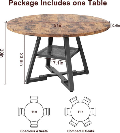Jocoevol 51'' Round Dining Table for 6,Kitchen Dining Room Circle Dinner Pedestal Table,Space Saving Wood Kitchen & Dining Room Furniture (Vintage, 51In)