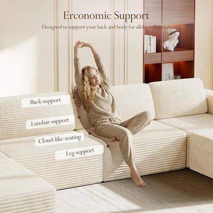 Vesgantti 159" Large Modular Sectional Sofa, U-Shaped Corduroy Cloud Couch with Deep Seats & Spring Support, 4-Seater Boneless Sofa with 2 Movable Ottomans, No Assembly Needed, Beige