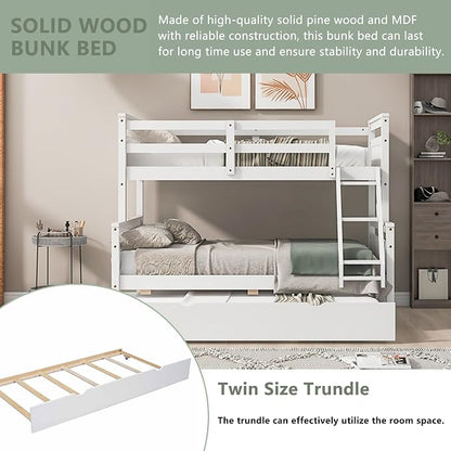 Merax Trundle Bunk Bed, Twin Over Full Wood Bunk Bed with Twin Size Trundle and Ladder, 3-in-1 Convertible to 2 Separate Beds, Solid Wood Frame with Guardrail, White