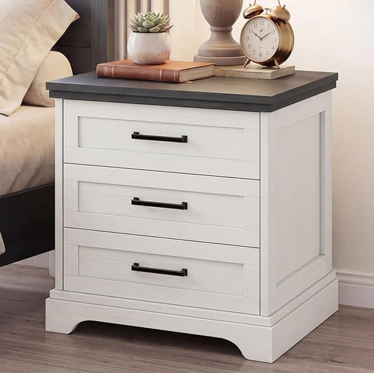 DUMOS Farmhouse Nightstand with Built-in Charging Station & USB Charging Ports, Sturdy Wood Bedside Table with 3 Spacious Storage Drawers, Minimalist Modern Small End Table for Bedroom, White