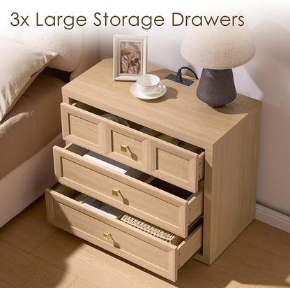 3-Piece Bedroom Set, 5 Drawer Tall Dresser and 3 Drawer King Size Nightstands Set of 2 with Charging Station, 3 Piece Farmhouse Wood Bedroom Dresser and Nightstand Sets, Natural