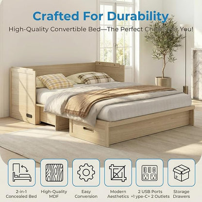 Mjkone Murphy Bed with Tri-Folding Mattress, Queen Hidden Cabinet Bed with Built-in USB Charging Station and 2 Storage Drawers, Foldable Wall Cabinet Beds for Living Room, Natural Wood Color