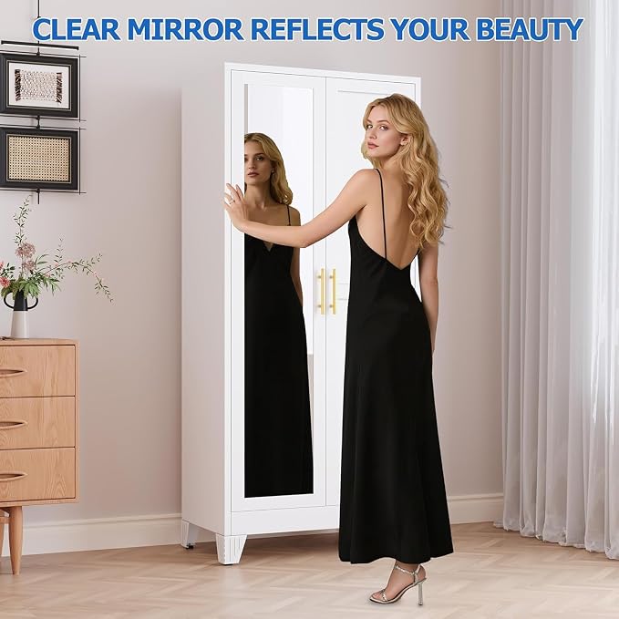 GAIOUS 71" Metal Wardrobe Cabinet with Mirror and Hanging Rod White | Clothing Storage Cabinets with 2 Doors and Adjustable Shelves, Armoire Wardrobe Closet for Bedroom, Laundry Cloak Room