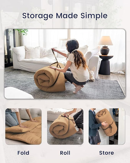 ZonLi Japanese Floor Futon Mattress Queen Size 80"x 60", 100% Cotton Cover 2.5'' Thicken Tatami Mattress, Foldable Sleeping Pad, Portable Dormitory Tatami Mat(Khaki)