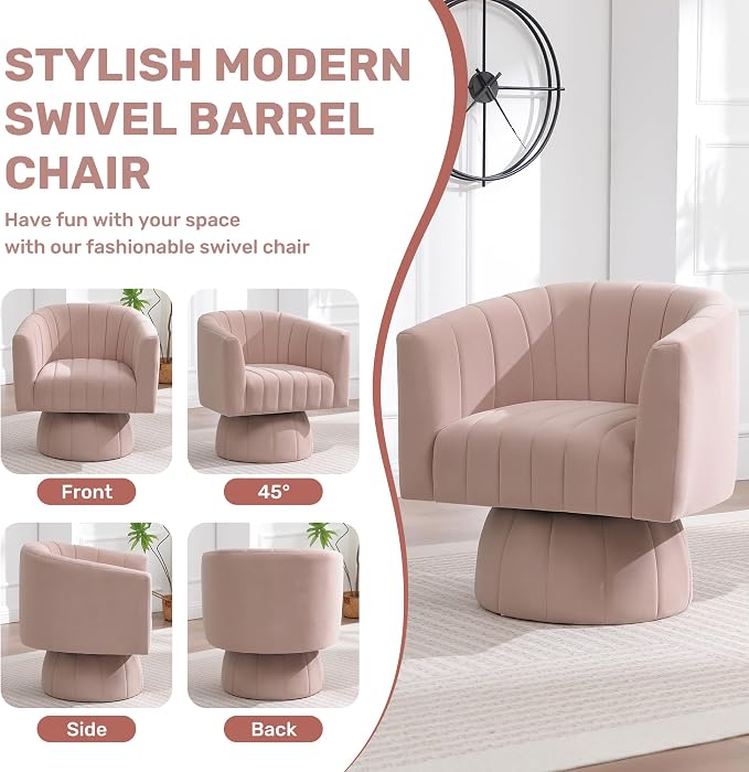 Swivel Accent Barrel Chair Set of 2, Cute Comfy Small Round 360° Arm Chair, Velvet Sofa Club Reading Chair for Living Room Bedroom Office Pink