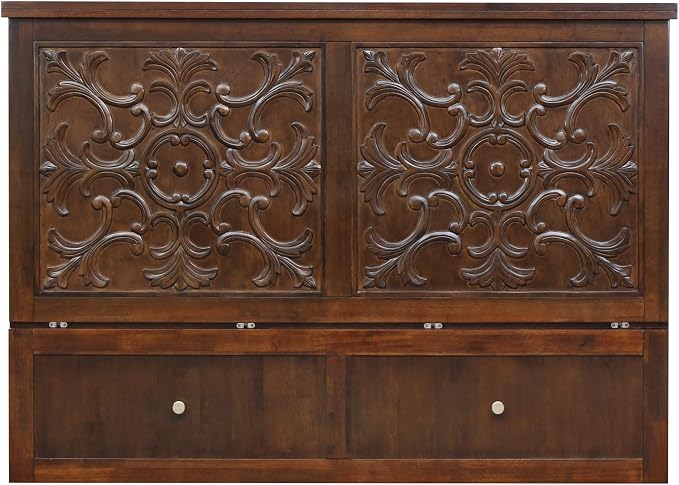 Mega Solutions Notturno Murphy Cabinet Bed Queen 8 inch Save Space in Style with Elegant Chestnut Wood Finish Charging Station - Guest Room or Small Apartment Must-Have
