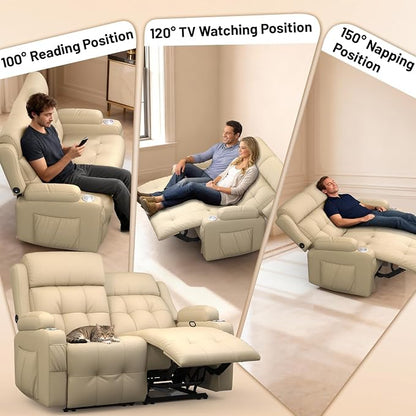 Reclining Loveseat, Wall-Hugger Loveseat Recliner Design with USB/Type C Charging & Storage & Cupholder, Pebble-Weave Fabric Recliner Sofa Couch for Living Room, Home Theater & RV Use