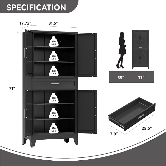 Metal Storage Cabinet with Drawer, 71" Tall Storage Cabinets with Adjustable Shelves,Black Farmhouse Freestanding Kitchen Pantry Cabinet for Dining Room, Living Room