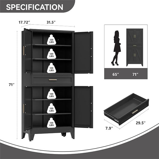 Metal Storage Cabinet with Drawer, 71" Tall Storage Cabinets with Adjustable Shelves,Black Farmhouse Freestanding Kitchen Pantry Cabinet for Dining Room, Living Room