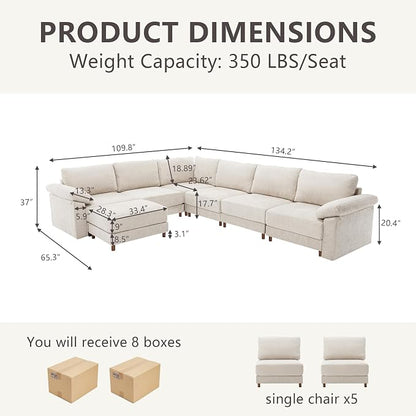 Oversized Modular Cloud Couch with Removable Washable Cover, L/V-Shaped Sectional for Large Living Room, Plush Chenille & Deep Seat（Beige）