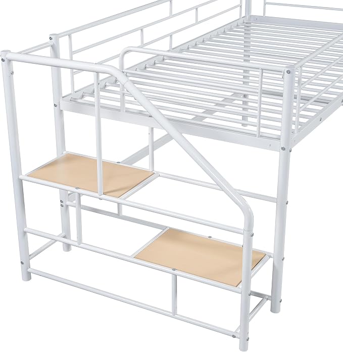 Twin Size Low Loft Bed for Kids,Metal Loft Bed Frame with Stair for Boys Girls,Kids Loft Bed Twin Size with Storage Steps,White