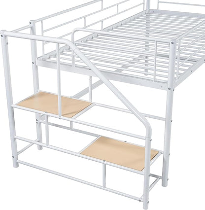 Twin Size Low Loft Bed for Kids,Metal Loft Bed Frame with Stair for Boys Girls,Kids Loft Bed Twin Size with Storage Steps,White