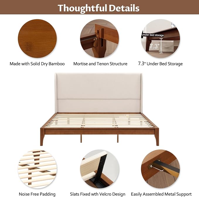 Merax Queen Size Bamboo Platform Bed, Mid-Century Bed Frame with Tall Upholstered Headboard, Wood Slat Support, No Box Spring Needed, Easy Tool-Free Assembly, Beige+Brown