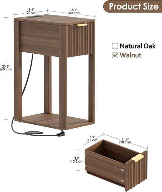 Akxomel Narrow Fluted Nightstands Set of 2, Wooden Slim Bedside Table with Charging Station, Mid-Century Modern Night Stand with Drawer and Open Shelf, Small Side End Table, for Bedroom, Walnut