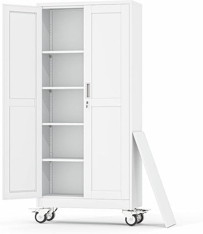 Metal Garage Storage Cabinet, 71”Tall Rolling Utility Cabinet White | storage system with Wheels, Lock, 4 Adjustable Shelves, Heavy Duty Steel Tool Locker for Home Office, Utility Room, Gym