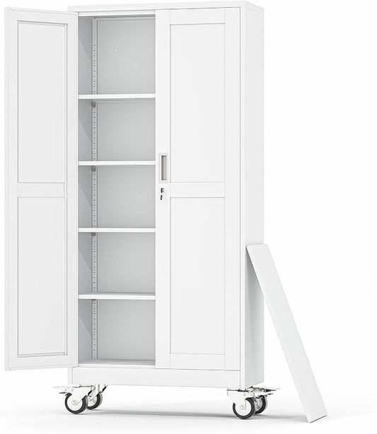 Metal Garage Storage Cabinet, 71”Tall Rolling Utility Cabinet White | storage system with Wheels, Lock, 4 Adjustable Shelves, Heavy Duty Steel Tool Locker for Home Office, Utility Room, Gym