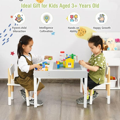 HONEY JOY Kids Table, 3 in 1 Toddler Wooden Activity Table, Convertible Building Block Tabletop, 3 Storage Compartments, Children Furniture Set for Daycare, Playroom (White)