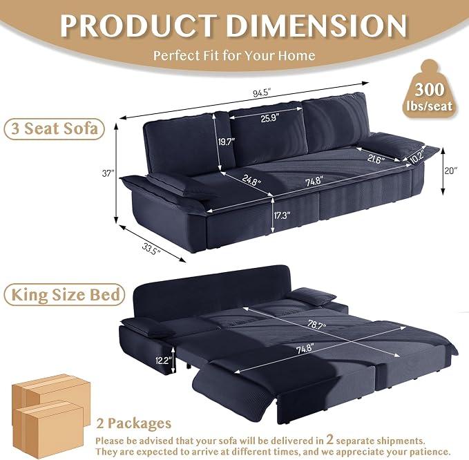94.5'' Sleeper Sofa Bed King Size, Modern Corduroy Pull Out Couch, 3-in-1 Convertible Futon Sofa, 3 Seater Couches, Cloud Recliner, Pillow Arm, for Living Room, Apartment, Offices, Dark Blue