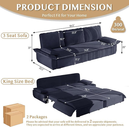 94.5'' Sleeper Sofa Bed King Size, Modern Corduroy Pull Out Couch, 3-in-1 Convertible Futon Sofa, 3 Seater Couches, Cloud Recliner, Pillow Arm, for Living Room, Apartment, Offices, Dark Blue