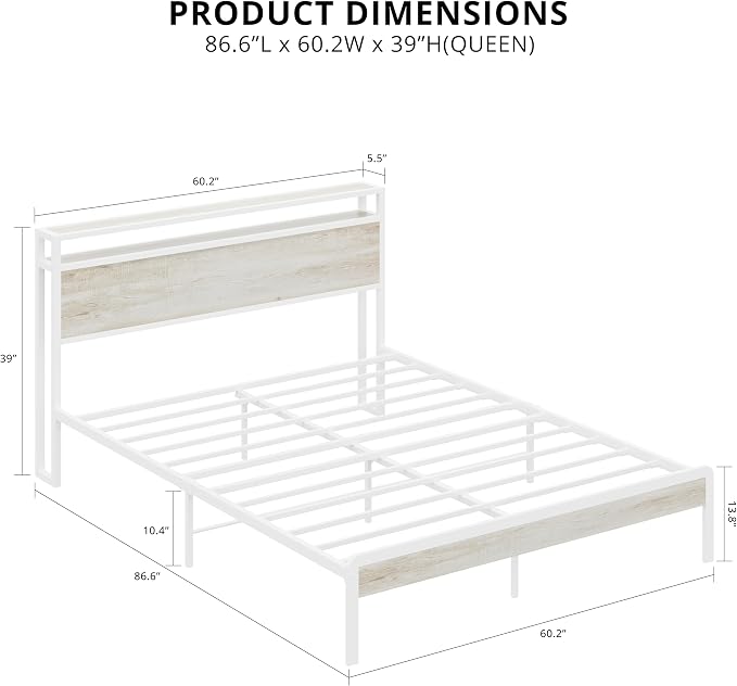 LIKIMIO Queen Bed Frame with Headboard, Wood Camas Queen with Strong Supports, Sturdy, Noise-Free, No Box Spring Needed, White Maple