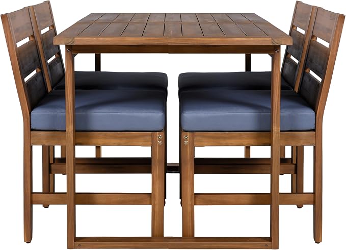 Quarte Premium 4-Piece Farmhouse Outdoor Dining Set in Solid Acacia Wood with Comfort Cushions and Adjustable Legs for Patio, Garden, Backyard (Brown+Gray5)