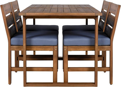 Quarte Premium 4-Piece Farmhouse Outdoor Dining Set in Solid Acacia Wood with Comfort Cushions and Adjustable Legs for Patio, Garden, Backyard (Brown+Gray5)