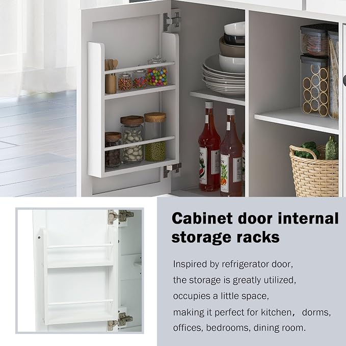 Large Kitchen Island with Rubber Wood Drop Leaf, Rolling Kitchen Cart with Ample Storage on Wheels with Doors and Drawers for Dining Room (Modern White, White Handle, 53Inch)