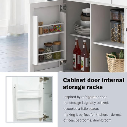 Large Kitchen Island with Rubber Wood Drop Leaf, Rolling Kitchen Cart with Ample Storage on Wheels with Doors and Drawers for Dining Room (Modern White, White Handle, 53Inch)