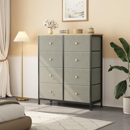 OLIXIS 8 Drawer Storage Dresser with Wood Top - Wide Fabric Chest Organizer for Bedroom, Closet, Living Room,Tower Cabinet, TV Stand, Hallway Entryway Furniture,Dark Green