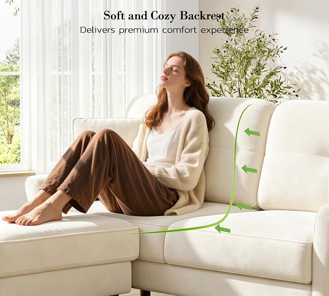 Kidirect Small Sectional Couch, 69" L Shaped Couch, Sectional Sofa, White | Comfy Velvet Couch, Tool-Free Setup, 750lb Max Load, Movable Ottoman, Ideal for Living Room, Bedroom, Apartment, Office