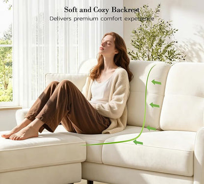 Kidirect Small Sectional Couch, 69" L Shaped Couch, Sectional Sofa, White | Comfy Velvet Couch, Tool-Free Setup, 750lb Max Load, Movable Ottoman, Ideal for Living Room, Bedroom, Apartment, Office