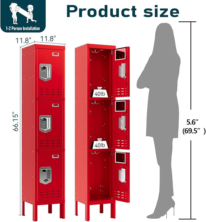 BUTISOW Metal Lockers - 66" Height Steel Lockers for Employees with 3 Door Storage Locker with Card Slot for Employees Gym School Home Office Garage - Assembly Required